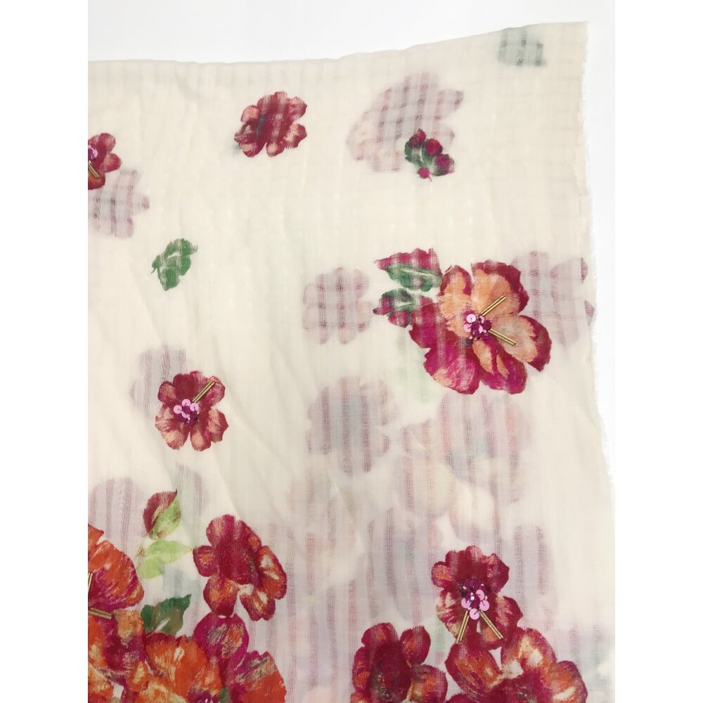 Anthropologie Scarf Womens Red Orange Floral Wool Sheer Fringe Sequins 31 X 72 - Picture 6 of 12